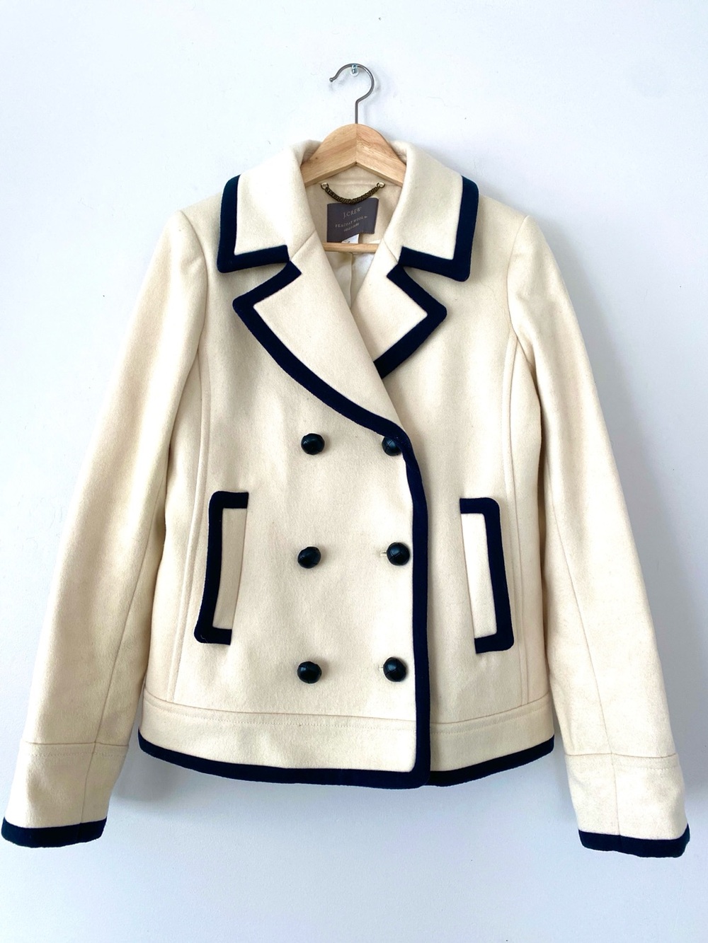 J.Crew Nello Gori Italian Wool Cream Peacoat  Jacket Navy Trim Sz 8 Tall Preppy